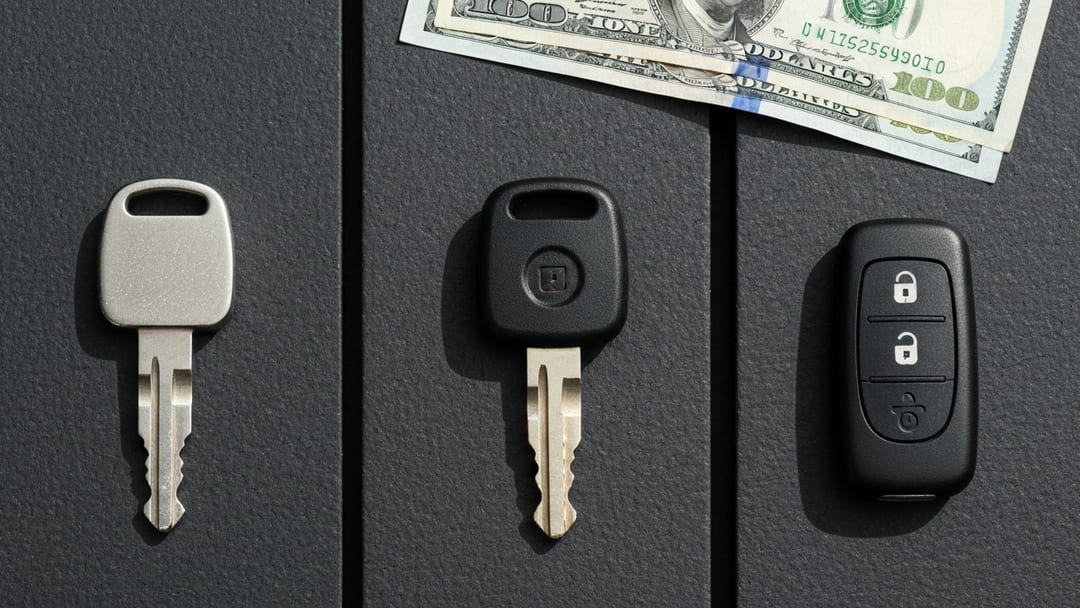 Comparación de tres tipos de llaves de carro - básica, transponder y smart key - sobre superficie charcoal en Mesquite Texas