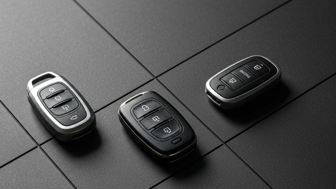 Tres smart keys de Toyota, Honda y Ford sobre superficie charcoal en estilo modernist grid