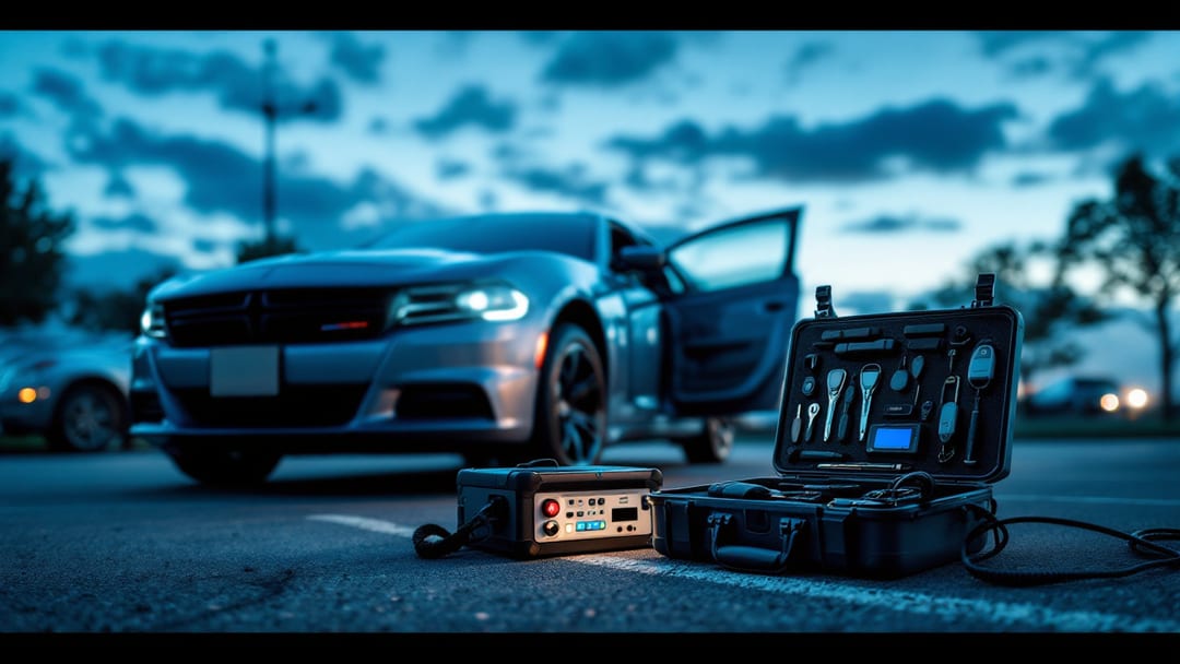 Sedán Dodge Charger con programador OBD2 y llaves de proximidad durante programación de llave en Mesquite Texas al anochecer azul