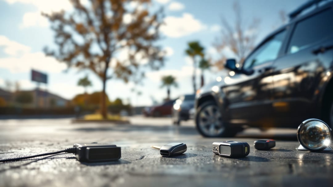 SUV Jeep Grand Cherokee en Mesquite Texas a mediodía con programador OBD2 y smart key de proximidad sobre la consola para programación de llave