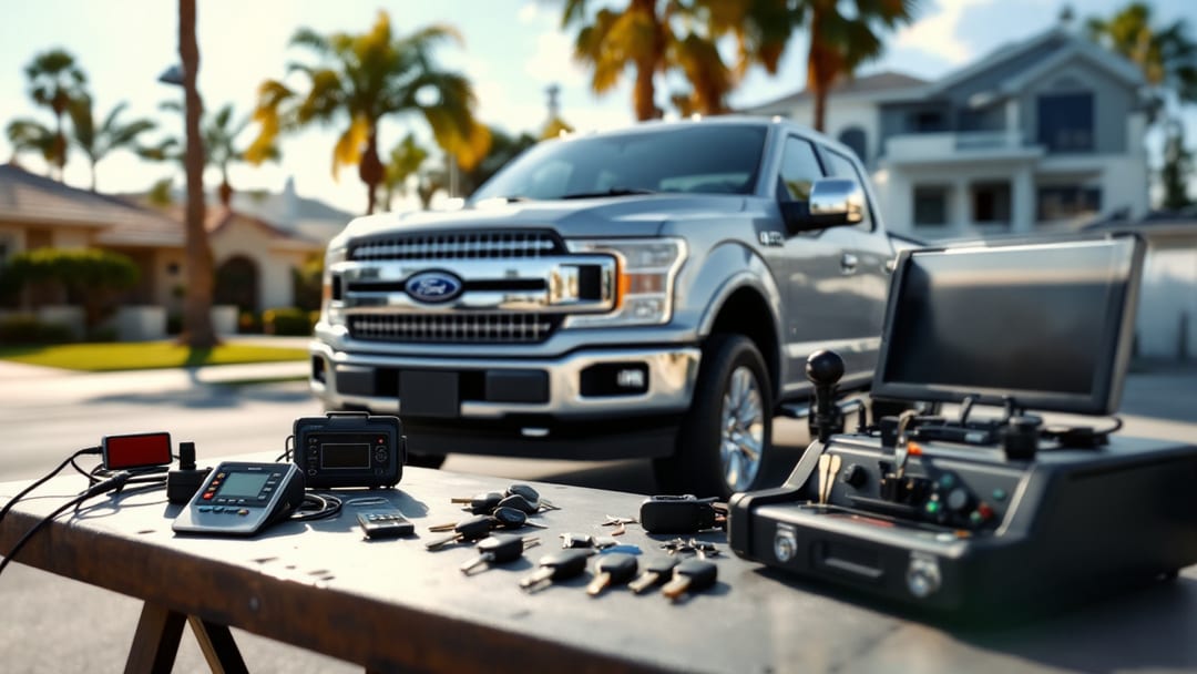 Pickup Ford F-150 con máquina cortadora de llaves y llaves transponder durante reemplazo de llave en Mesquite Texas a plena luz del mediodía