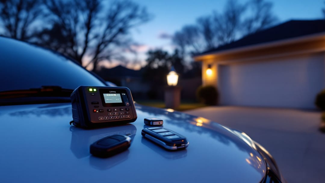 Hyundai Elantra sedán al anochecer azulado en Mesquite Texas con máquina cortadora de llaves y flip key transponder sobre el cofre