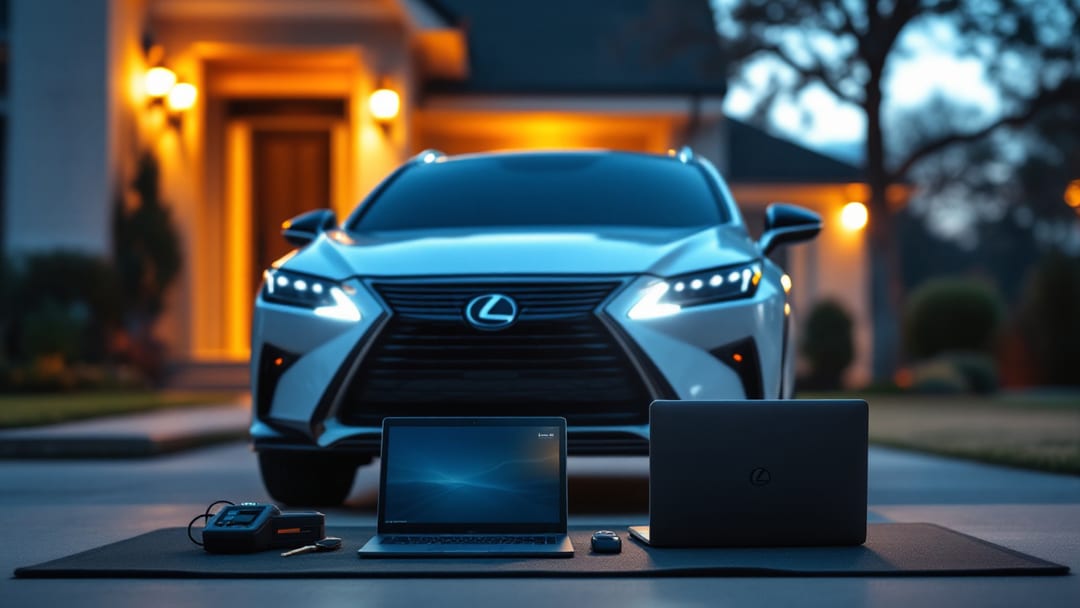 SUV Lexus blanco con programador OBD2, laptop de diagnóstico y smart key nueva al atardecer azul en un vecindario de Mesquite Texas