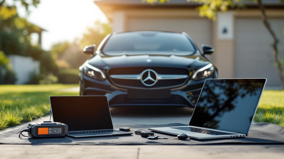 Sedán Mercedes-Benz negro con programador OBD2, laptop de diagnóstico y llave inteligente nueva bajo luz brillante de mediodía en Mesquite Texas