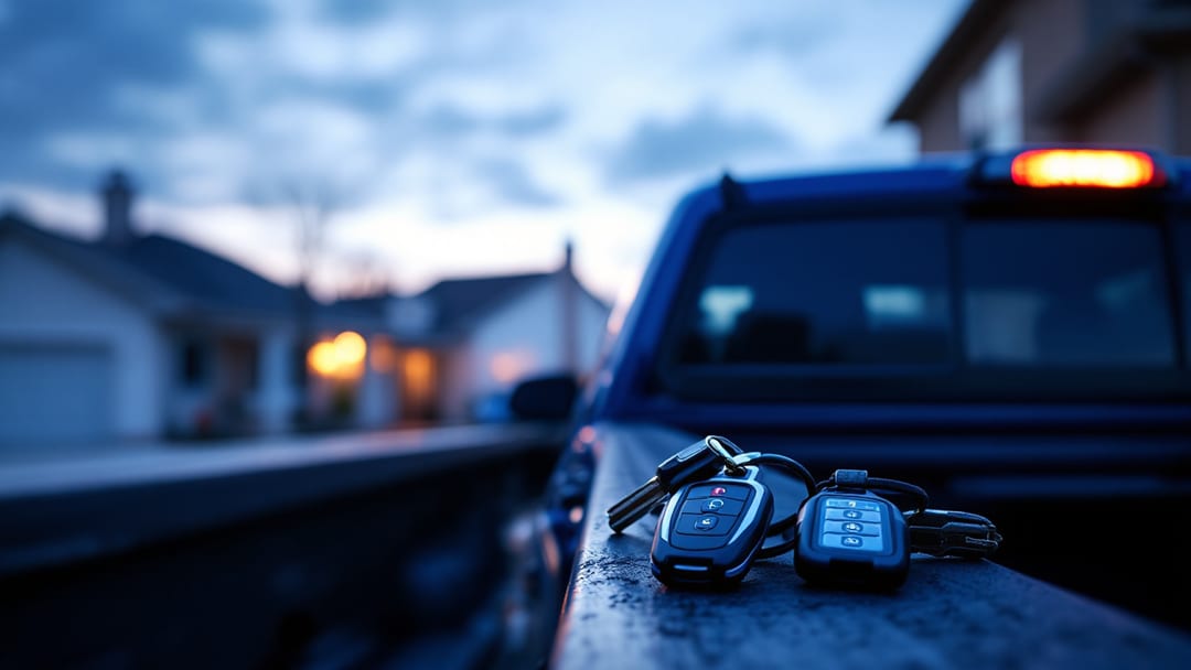 Pickup Toyota Tacoma al anochecer en Mesquite Texas con máquina de corte de llaves y smart key transponder sobre la caja para reemplazo de llave