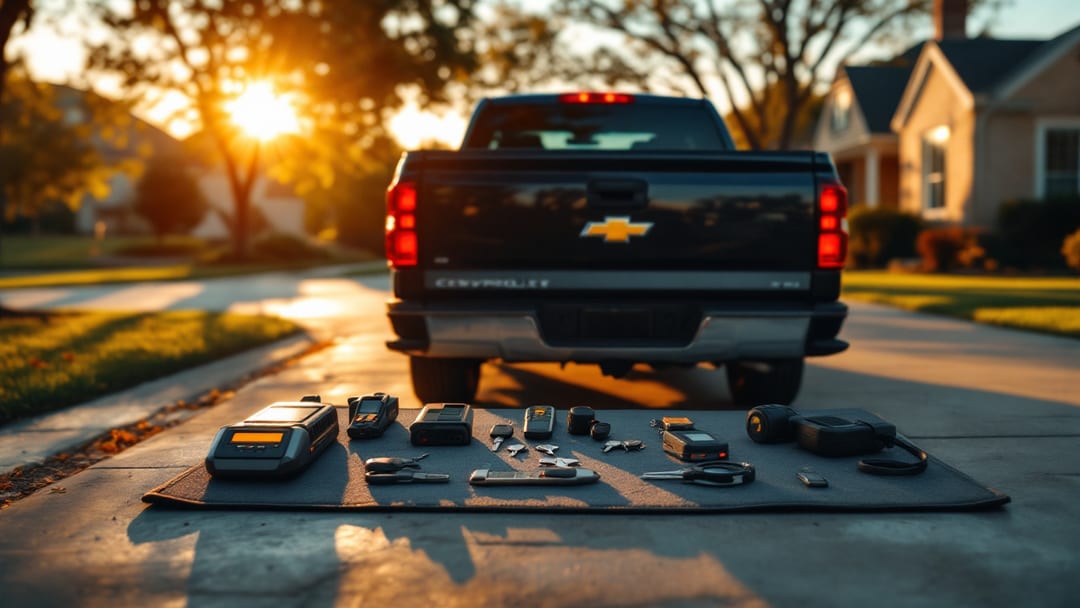 Pickup Chevrolet Silverado con programador OBD2 y llaves transponder durante reparación de ignición en Mesquite Texas al atardecer