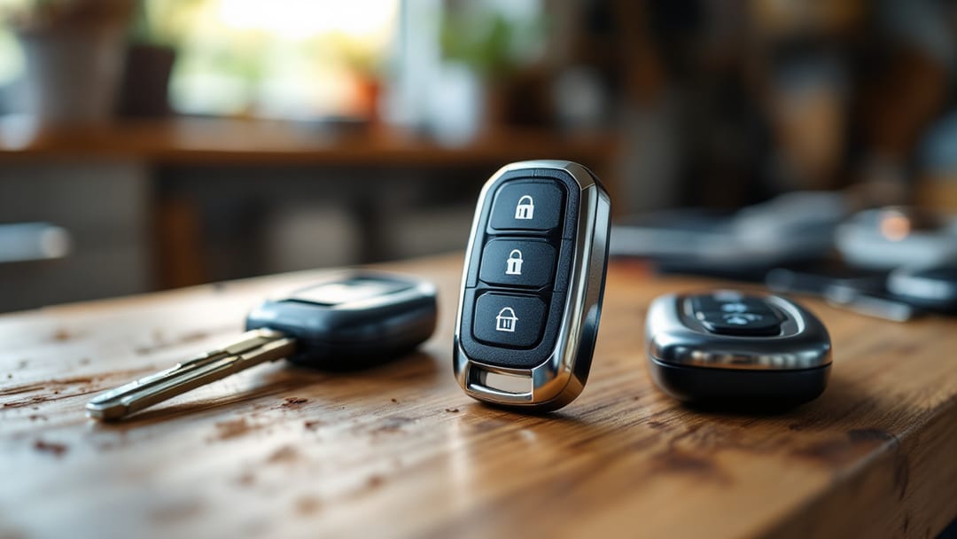 Llave transponder junto a un fob de llave inteligente de proximidad y un dispositivo de programación sobre banco de trabajo en Mesquite Texas